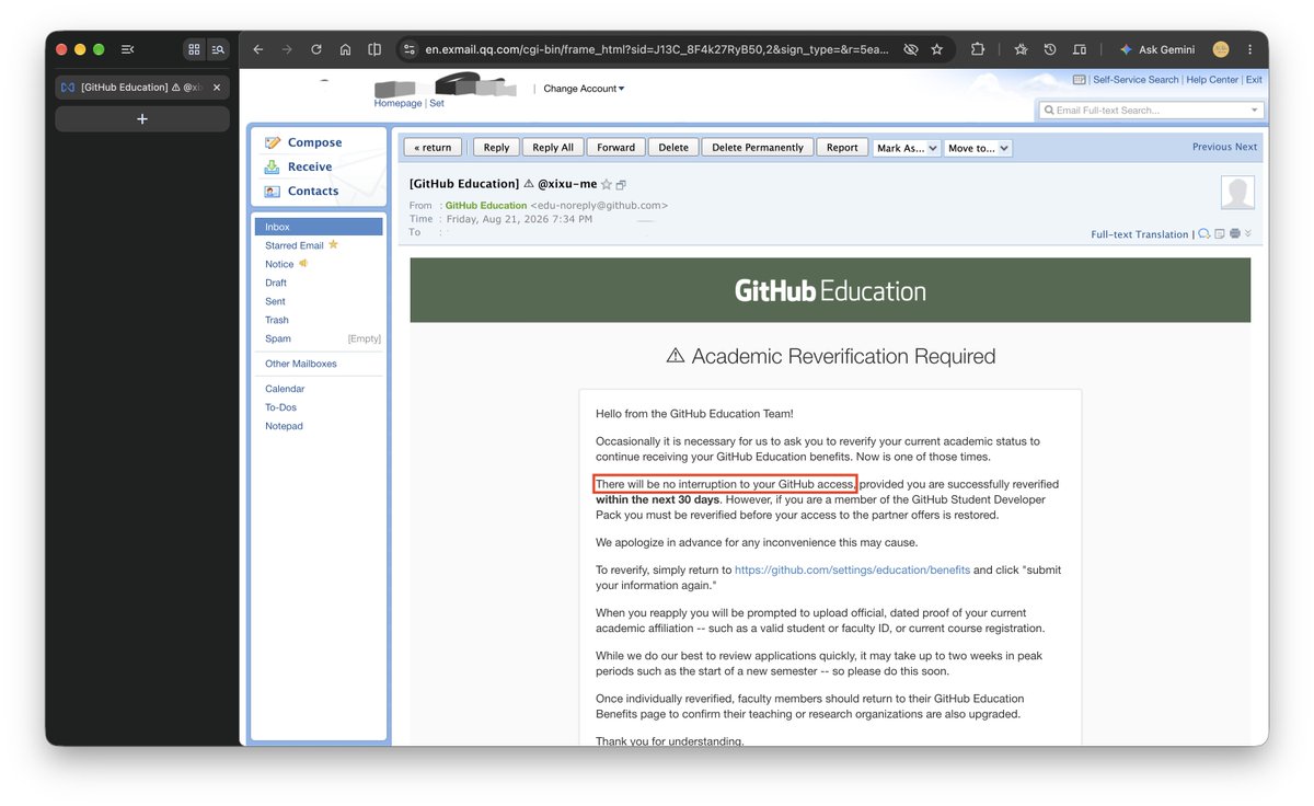 xixu_me's tweet photo. I spent all four years of university building open source on GitHub. I just graduated and started my first job.

41 days ago, @ xixu-me was suspended during an Education reverification.

Since then, every repo I built from freshman year onward has been inaccessible.

I love open source for a simple reason: when something I build helps someone else, it makes me genuinely happy.

Every repo on this account was built one by one, from freshman year to graduation: four years of nights, weekends, experiments, failures, and learning.

Some of those projects found a community I never expected.

Xget reached #3 on GitHub Trending for JavaScript and grew to ~8.2k stars / 1.3k forks.

Seeing strangers use, improve, and recommend something I made was one of the most rewarding parts of university.

Now I cannot access any of those repositories myself.

Long-time users keep messaging me on other platforms asking why my projects and account return 404.

I don’t have a good answer for them, and I can’t properly maintain or support the projects they rely on.

What hurts most is realizing how fragile this was.

I trusted one platform with four years of open-source work. I never kept a full mirror elsewhere or self-hosted a forge like Gitea.

I deeply regret that. Whatever happens, I won’t keep my open-source history in one place again.

The suspension happened around a GitHub Education reverification.

I applied while genuinely enrolled as an undergraduate. I graduated on June 30, 2026.

I am NOT asking to keep student benefits. I only want my normal GitHub account and open-source work restored.

I also want to be fair: GitHub has done an enormous amount for open source, and I’m grateful for the platform and community it enabled me to grow up in as a developer.

That is exactly why this has been so painful — and why I hope this process can be improved.

This is not an isolated story. In August, several users publicly reported a very similar sequence: GitHub Education reverification → full account suspension → unable to complete reverification → long waits for Support.

I’ll put those public GitHub Community cases in the replies.

I submitted reinstatement appeal #4687922 on Aug 22.

It has now been 41 days without a human response.

I understand Support can be overloaded. But after 41 days locked out of four years of open-source work, I genuinely don’t know what else to do.

So I’m posting this here.

@GitHub @GitHubEducation — I’m not asking for special treatment because a project has thousands of stars.

I’m asking for a human review of #4687922, and clarity on how Education reverification can become a full suspension.

If you can help this reach the right team, thank you.