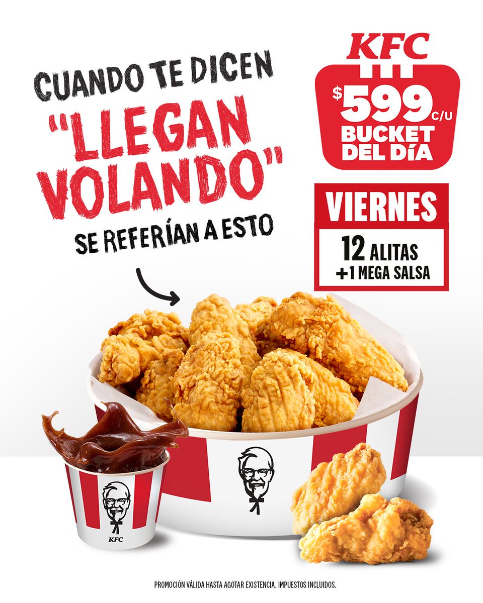 KFCRepDom's tweet photo. Si es viernes, se llega volando. Y si hay alitas, más rápido. 👀🍗 #KFC #KFCRepDom https://t.co/tA3h34DTvs