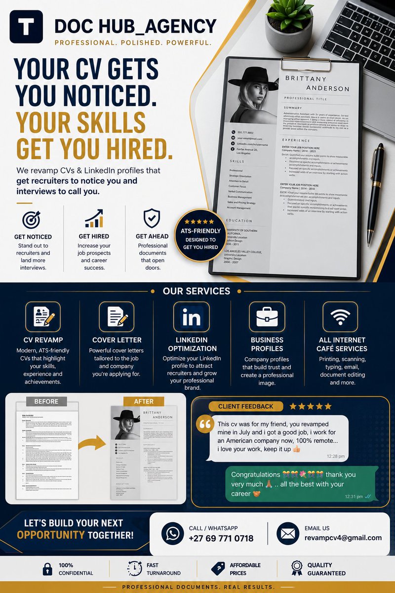 Documents_Hub's tweet photo. 📄 Need a job-winning CV? Revamp Now 📄

✔️ ATS-Friendly CV + Cover Letter
✔️ LinkedIn Profile Optimization
✔️ Indeed Profile Assistant
✔️ From only R50

📲 WhatsApp: https://t.co/I6n0oLafWa
 069 771 0718

Cape Recife High School HONOR 600 Lite C-Max #SkeemSaam #HONORSpringSale https://t.co/oyDYXTP9C4