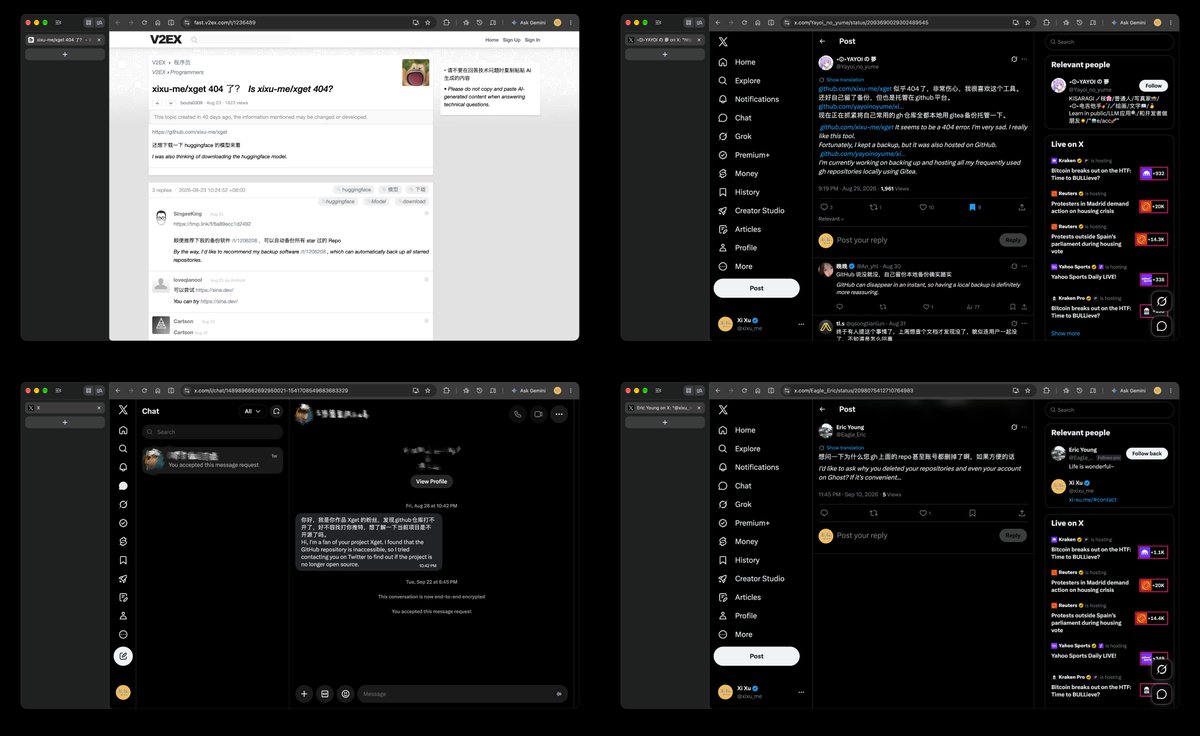 xixu_me's tweet photo. I spent all four years of university building open source on GitHub. I just graduated and started my first job.

41 days ago, @ xixu-me was suspended during an Education reverification.

Since then, every repo I built from freshman year onward has been inaccessible.

I love open source for a simple reason: when something I build helps someone else, it makes me genuinely happy.

Every repo on this account was built one by one, from freshman year to graduation: four years of nights, weekends, experiments, failures, and learning.

Some of those projects found a community I never expected.

Xget reached #3 on GitHub Trending for JavaScript and grew to ~8.2k stars / 1.3k forks.

Seeing strangers use, improve, and recommend something I made was one of the most rewarding parts of university.

Now I cannot access any of those repositories myself.

Long-time users keep messaging me on other platforms asking why my projects and account return 404.

I don’t have a good answer for them, and I can’t properly maintain or support the projects they rely on.

What hurts most is realizing how fragile this was.

I trusted one platform with four years of open-source work. I never kept a full mirror elsewhere or self-hosted a forge like Gitea.

I deeply regret that. Whatever happens, I won’t keep my open-source history in one place again.

The suspension happened around a GitHub Education reverification.

I applied while genuinely enrolled as an undergraduate. I graduated on June 30, 2026.

I am NOT asking to keep student benefits. I only want my normal GitHub account and open-source work restored.

I also want to be fair: GitHub has done an enormous amount for open source, and I’m grateful for the platform and community it enabled me to grow up in as a developer.

That is exactly why this has been so painful — and why I hope this process can be improved.

This is not an isolated story. In August, several users publicly reported a very similar sequence: GitHub Education reverification → full account suspension → unable to complete reverification → long waits for Support.

I’ll put those public GitHub Community cases in the replies.

I submitted reinstatement appeal #4687922 on Aug 22.

It has now been 41 days without a human response.

I understand Support can be overloaded. But after 41 days locked out of four years of open-source work, I genuinely don’t know what else to do.

So I’m posting this here.

@GitHub @GitHubEducation — I’m not asking for special treatment because a project has thousands of stars.

I’m asking for a human review of #4687922, and clarity on how Education reverification can become a full suspension.

If you can help this reach the right team, thank you.