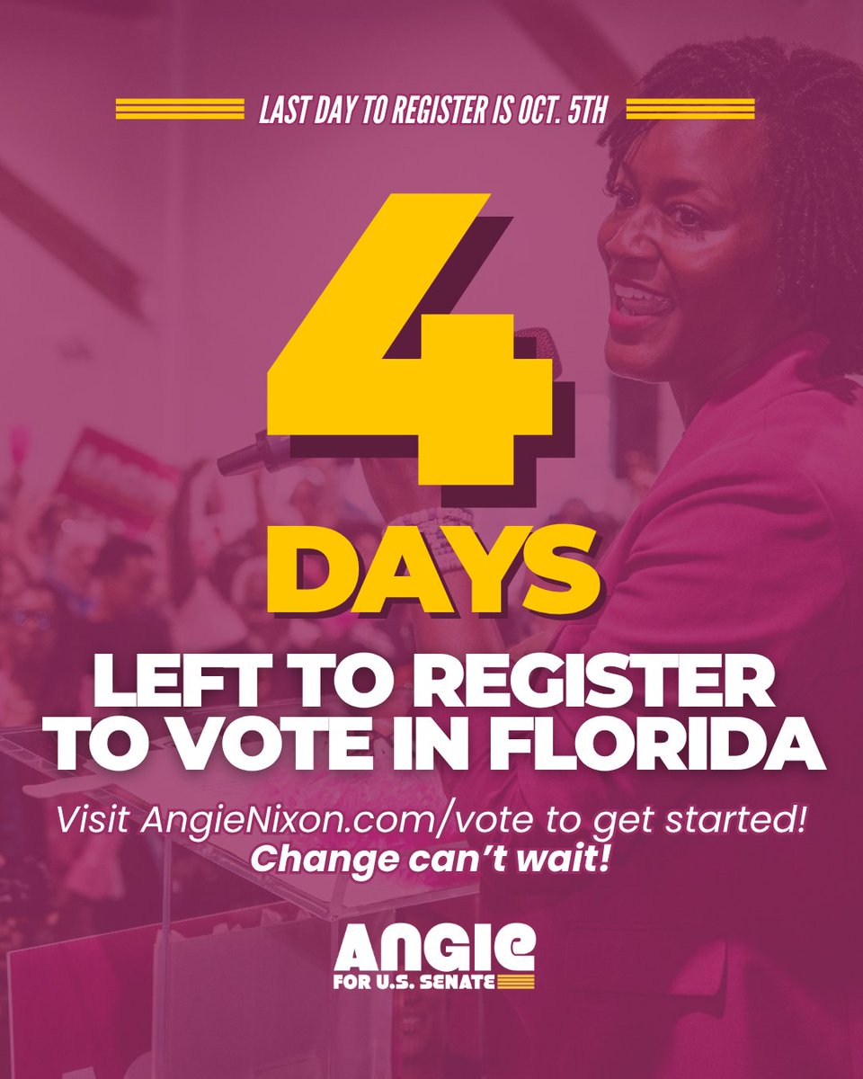 AngieNixon's tweet photo. If you’re not registered to vote already, what are you doing!? Folks have got 4 days (including today) left to get registered. Visit https://t.co/XsTud8YW4E for more information on how to get registered! Change can’t wait for working families in Florida.
#AngieForFlorida https://t.co/0BSsqkgSq7
