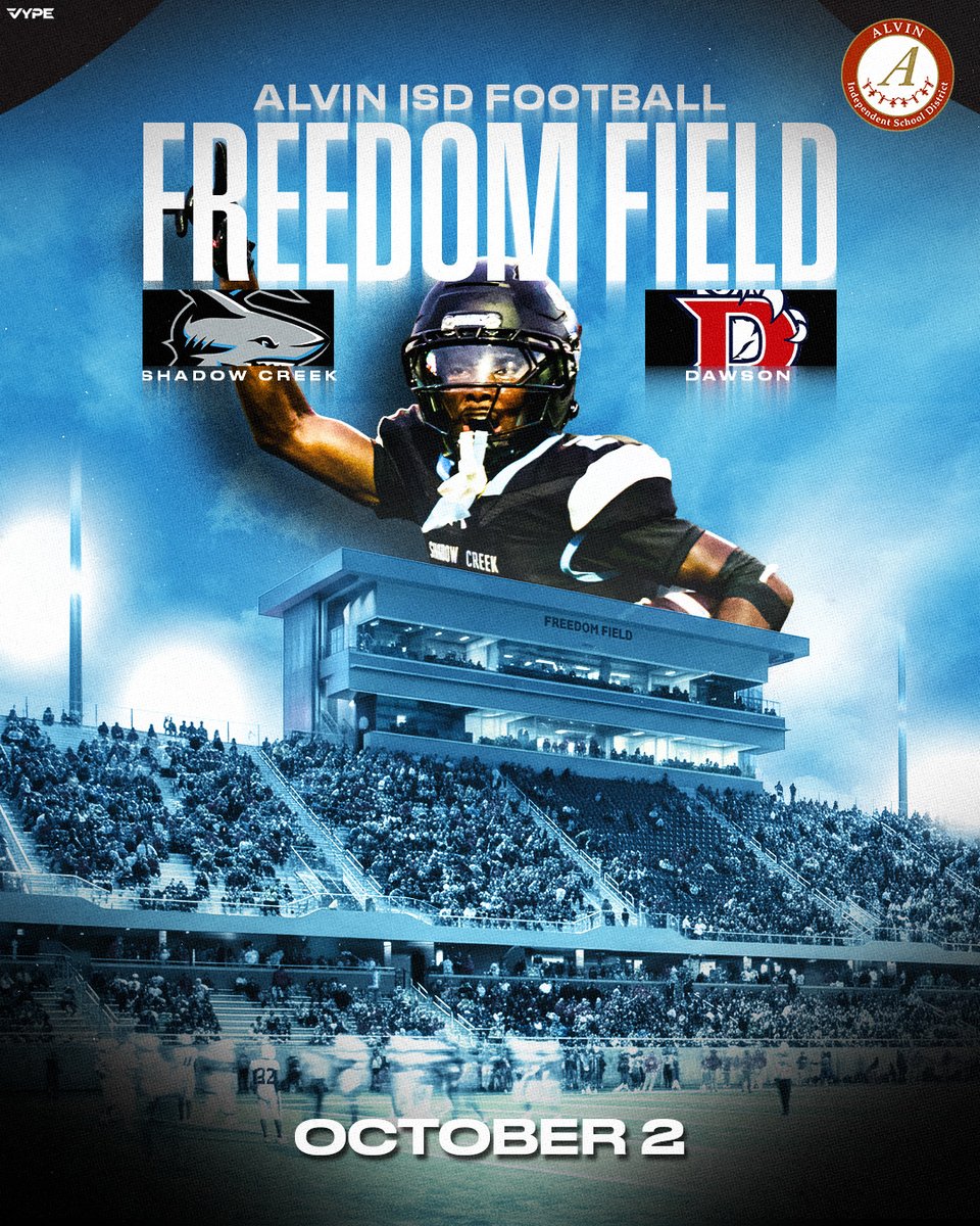 AlvinISDAth's tweet photo. 🏈 FRIDAY NIGHT AT FREEDOM FIELD!
A Pearland-area matchup takes center stage tonight as Shadow Creek takes on Dawson under the lights at Freedom Field! 🦈🏈

🏈 Shadow Creek vs. Dawson
📅 October 2
See you at Freedom!
#AlvinISDAthletics #FridayNightFootball https://t.co/603XTnzP8N