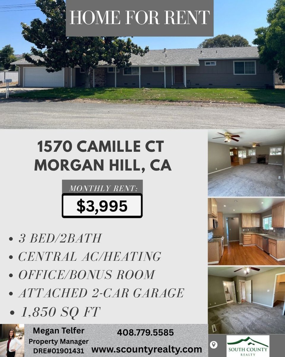 RealtyCounty's tweet photo. 🏡✨ FOR RENT | 1570 Camille Ct, Morgan Hill ✨🏡

✨ Granite kitchen countertops
❄️ Central A/C &amp; heating
🚗 Attached 2-car garage
🏡 Office/bonus room

💰 $3,995/month | $3,995 security deposit
📅 Month-to-month lease
🚭 No smoking | 🐾 No pets https://t.co/qWJboBHejW