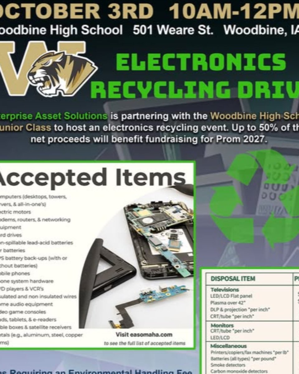 WoodbineTigers's tweet photo. Do you have electronics, computers, TVs, etc., to get rid of? Bring them to the north side of the WCSD School tomorrow, October 3rd, for the Junior class recycling event!#Classof2028 #AfterPromFundraiser #Purge https://t.co/YCKC0PGeQr