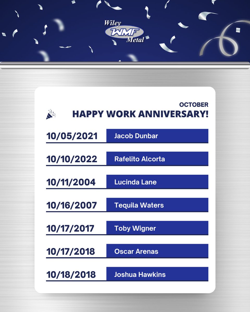 WileyMetal's tweet photo. Happy work anniversary to our team members marking another year with us this October. We're grateful for every one of you. 🙌

#WileyMetal #WorkAnniversary https://t.co/CDU7OEyykk