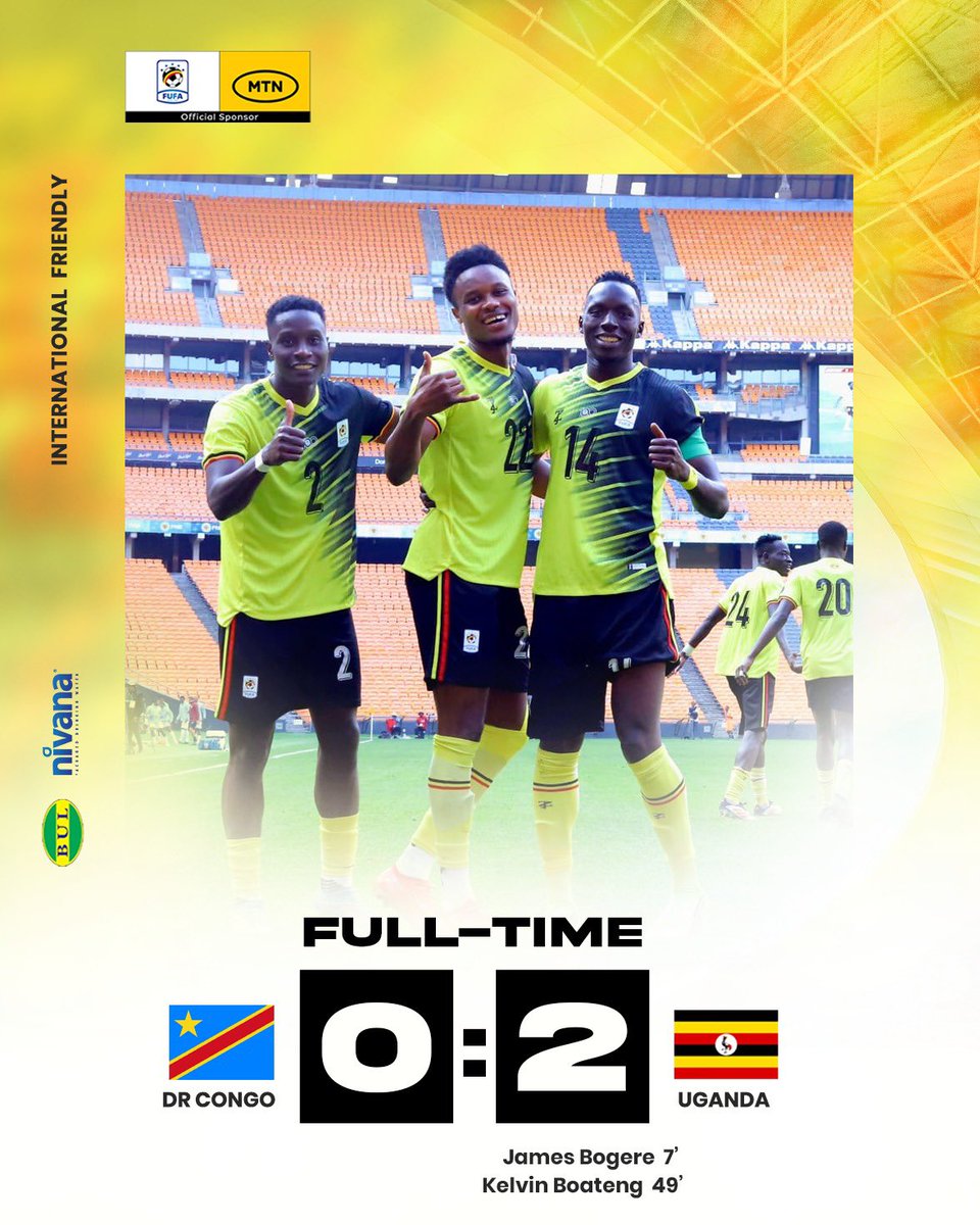 OfficialFUFA's tweet photo. Full-Time! DR Congo 0-2 Uganda

#CODUGA | #InternationalFriendly https://t.co/vrcWVkKmvc
