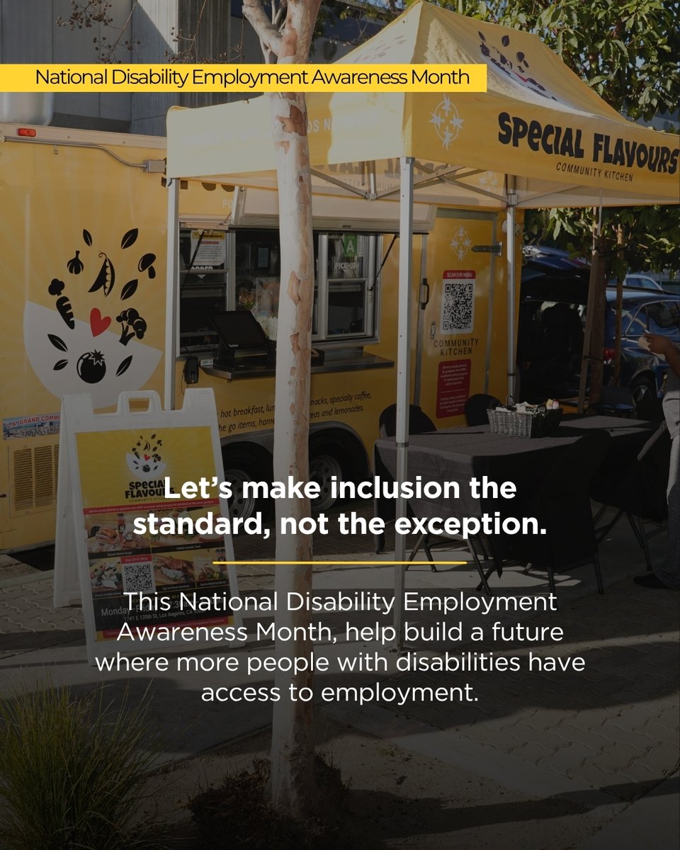 SpecialNeedsLA's tweet photo. When people with disabilities have equitable access to employment, our workplaces and communities are stronger.
October is National Disability Employment Awareness Month, a time to recognize the talent, skills and contributions people with disabilities bring to the workforce while continuing to address the barriers that too often stand between people and employment.
At Special Needs Network, Special Flavours is helping build a more inclusive future by providing young adults with developmental disabilities culinary training, workplace experience and a pathway toward employment.
You can help normalize the inclusion of people with different abilities in the workforce by hiring Special Flavours to cater your next meeting, celebration or event! 💜
.
.
.

#specialneedsnetwork #DisabilityEmploymentAwareness