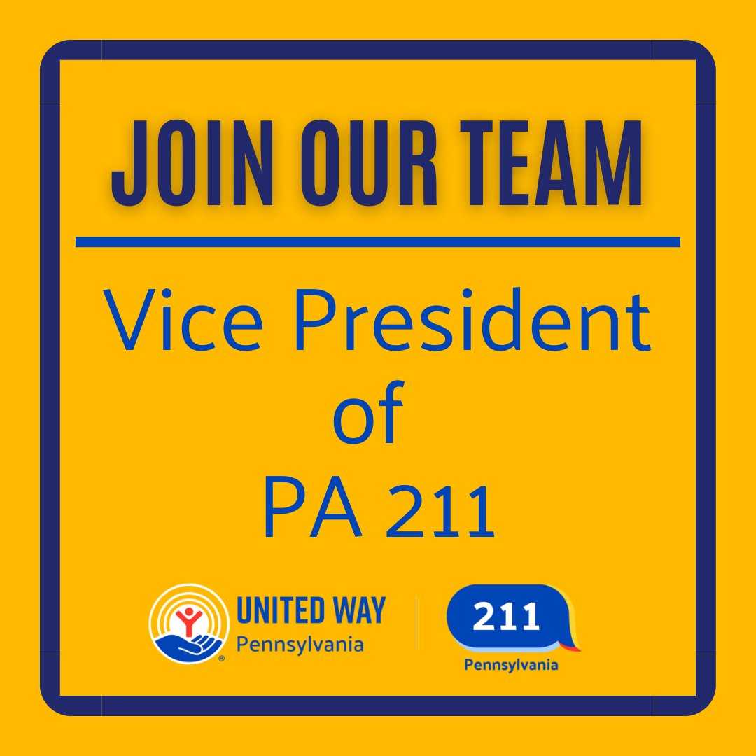 PA211GetHelp's tweet photo. UWP &amp; PA 211 are seeking a dynamic and visionary leader to serve as Vice President for PA 211. 

Candidates can submit a resume and cover letter to info@uwp.org.

Read full job description here: https://t.co/Hu6fHuWAfN https://t.co/i3Gq4dV9i1