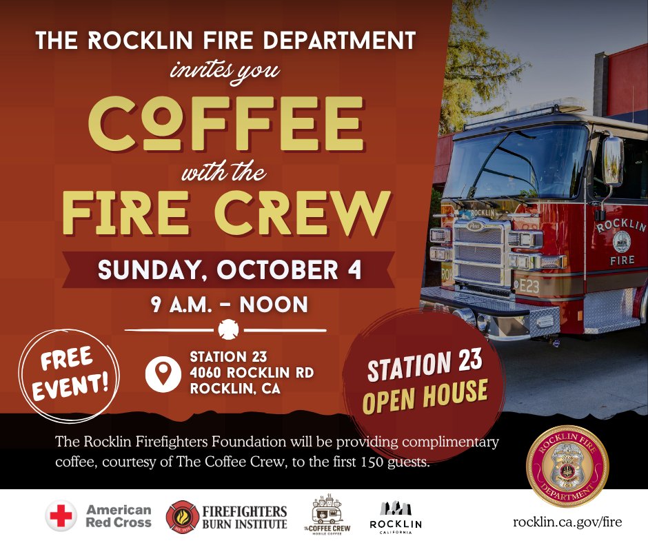 CityofRocklin's tweet photo. ๐ Your Sunday plans are looking ๐ฅ
The Rocklin Fire Department is kicking things off by opening its doors to the community with its annual Fire Department Open House and Coffee with the Fire Crew. See you Sunday at Station 23!
#RocklinFire #FirePreventionWeek #CityofRocklin https://t.co/dby7MAe4ec