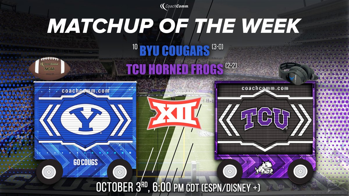 CoachComm's tweet photo. 🏈 MATCHUP OF THE WEEK 🏈

We'll be spotlighting games all season between our #XCart customers!

Tenth ranked @BYUfootball is set to face @TCUFootball in a Big 12 matchup tomorrow at Amon G. Carter Stadium in Fort Worth!

Who's going home with the W?

Comment "Go Cougars" for BYU or "Horned Frogs" for TCU.

@TCUEquipment | #ForOurCustomers