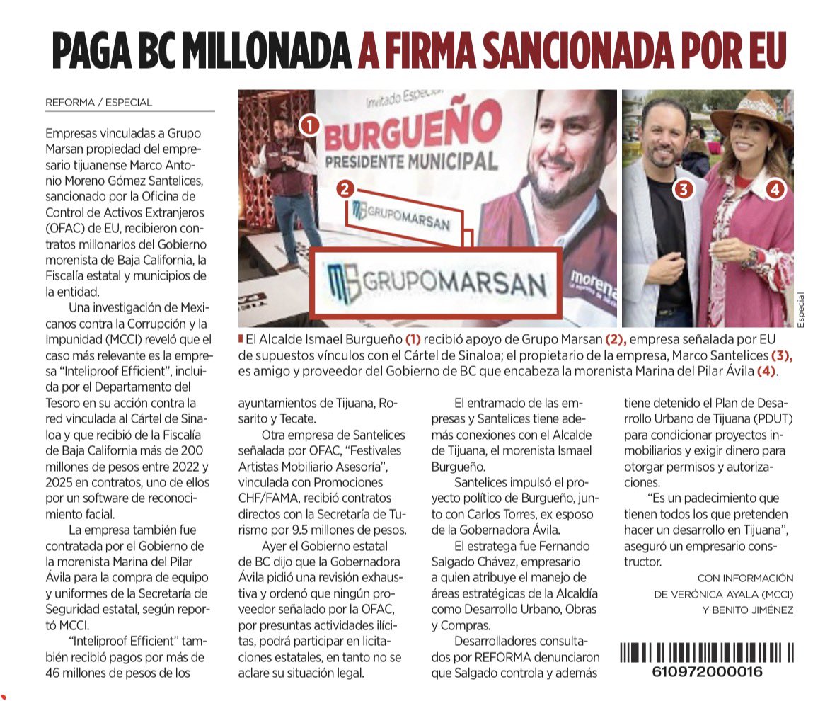 DeniseDresserG's tweet photo. ¿Cuántos escándalos más alrededor de Marina del Pilar? Su gobierno, la Fiscalía y municipios de Morena entregaron contratos millonarios a empresas de una red que hoy OFAC vincula con lavado para el Cártel de Sinaloa. Y su exesposo fue sancionado por EU por presuntamente facilitar las operaciones del mismo cártel. Ya no alcanza el “yo no sabía”, ni otra “revisión exhaustiva”. El patrón exige una investigación independiente, responsabilidades y consecuencias políticas. En Baja California, la transformación empieza a parecerse demasiado a la narcocorrupción que prometió combatir.
