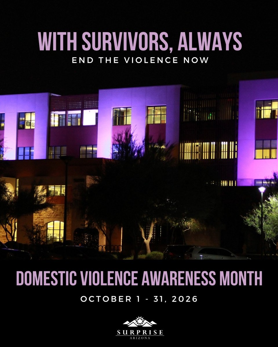 SurpriseCares's tweet photo. October is Domestic Violence Awareness Month.
The City of Surprise stands with survivors and supports efforts to raise awareness, share resources and help build safer communities.
City Hall will be illuminated in purple throughout October in support of survivors. https://t.co/zZWX8btnks