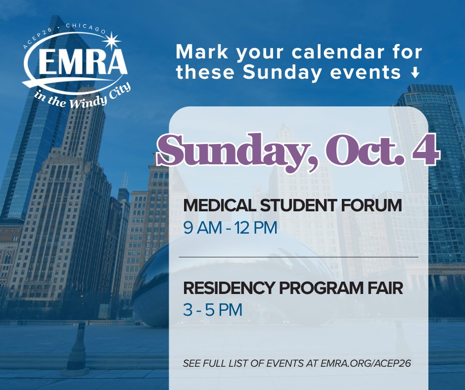 emresidents's tweet photo. Two can't-miss events for med students, coming to you this Sunday in Chicago: the Medical Student Forum and the Residency Program Fair (largest in the nation)!

Learn more! Forum: https://t.co/YYE36d1HOJ | Fair: https://t.co/U6Fjj7Pfn5 

#EMBound #Match2027 #EMRA https://t.co/EzXq1wA3M9