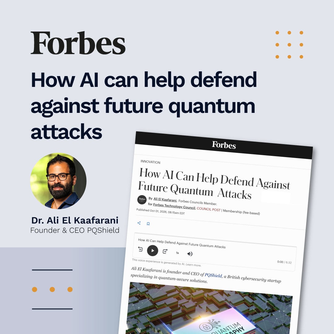 How can AI help us prepare for quantum threats? In @​Forbes, PQShield CEO @​AliElKaafarani explores: AI-driven cryptanalysis & stress testing; securing PQC transition at scale; collaboration across supply chains. Read more: #Cybersecurity #QuantumComputing 📷