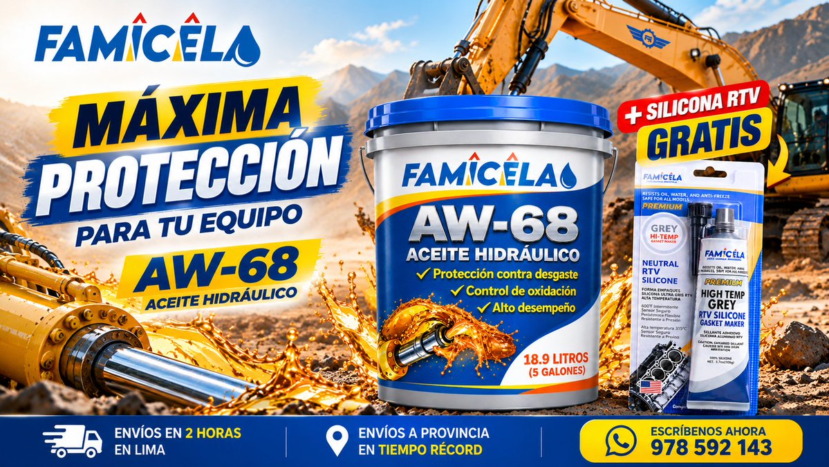 famicela's tweet photo. 🚜 NO IRÁ AL TALLER a cada rato si el mantenimiento se hace a tiempo. 🔧
AW-68 FAMICELA: protección antidesgaste y control de oxidación para sistemas hidráulicos. ⚙️
🎁 + Silicona RTV GRATIS
#AW68 #FAMICELA #Mantenimiento #ParaTi #Viral https://t.co/Qhjd25SDZL