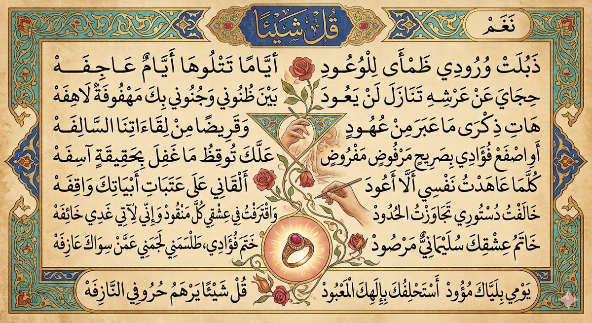 Nani42646's tweet photo. خَاتَمُ عِشْقِكَ سُلَيْمَانِيٌّ
مَرْصُودْ
خَتَمَ فُؤَادِي، طَلْسَمَنِي
لَجَمَنِي عَمَّنْ سِوَاكَ
عَازِفَهْ

يَوْمِي بِلَيَّاكَ مُؤُودْ
أَسْتَحْلِفُكَ بِإِلَهِكَ المَعْبُودْ
#قُلْ_شَيْئًا
يَرْهَمُ حُرُوفِي
النَّازِفَهْ

(3) https://t.co/oRLLJClt1j