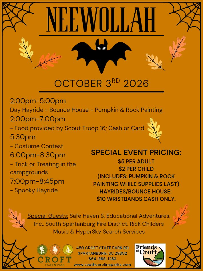SC_State_Parks's tweet photo. 👻We're kicking off the Halloween fun early at Croft State Park!
🦇Join us for our annual NEEWOLLAH event!
📅Saturday, Oct. 3
⌚2pm to 8:45pm
🎟️Special event pricing -- park passport does not apply for the event! Get all the details below 👇 and here 👉https://t.co/rltYAeVKqR https://t.co/qFaWa5VyBB