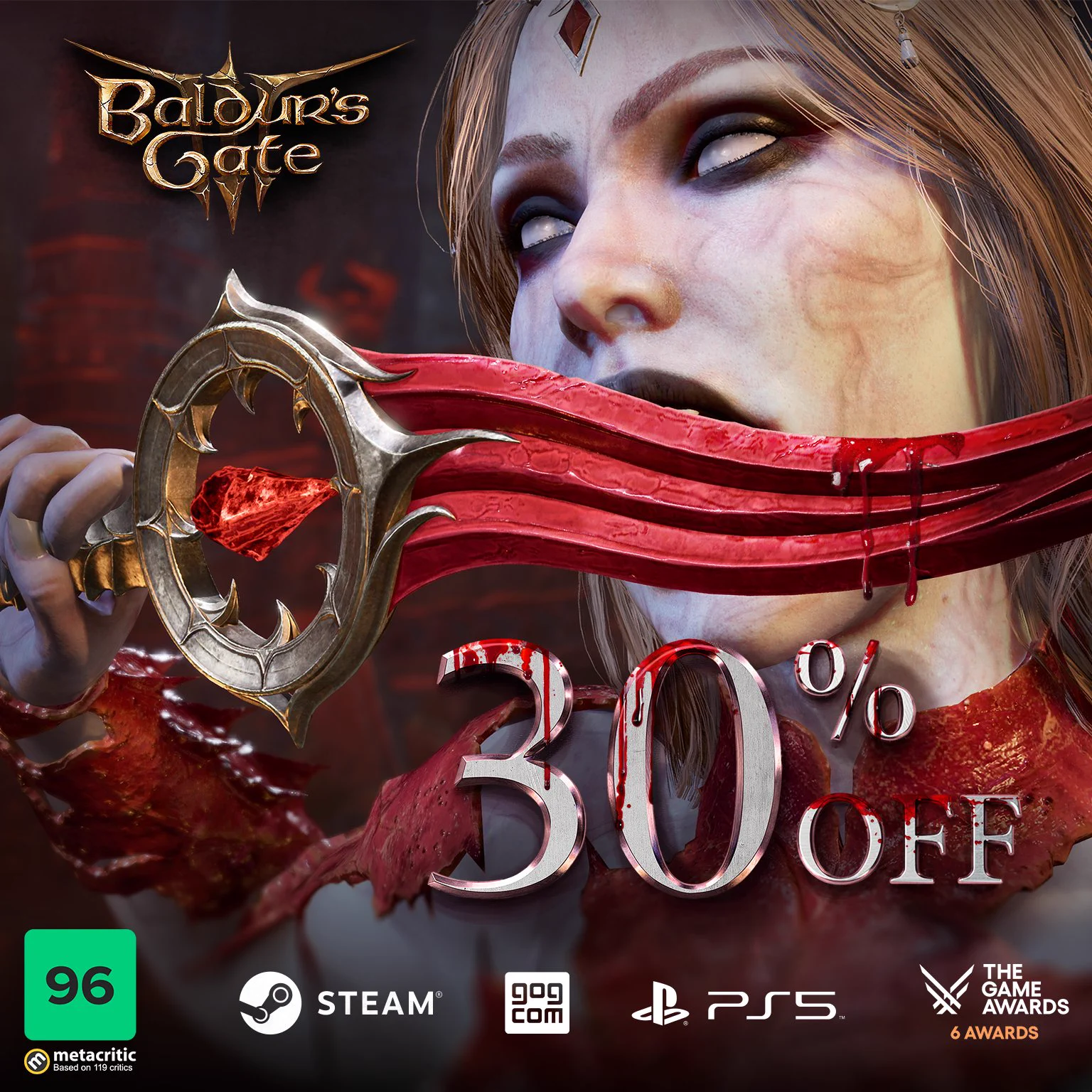 Orin The Red licks her dagger while blood drips down below onto text that reads "30% Off" Baldur's Gate 3.