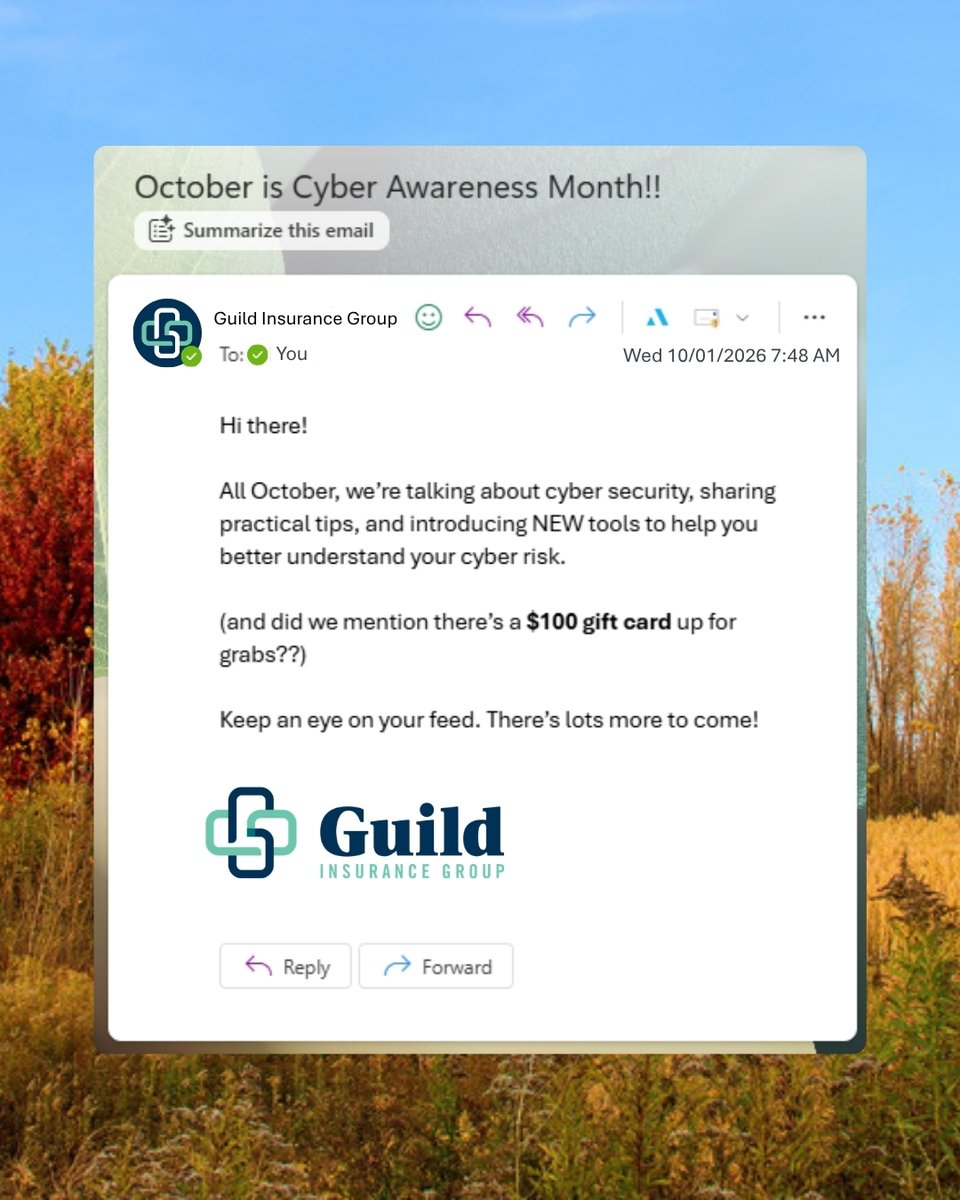 GuildIns's tweet photo. Are you prepared for a cyber incident?

This Cyber Security Awareness Month, explore personal cyber risks with our upcoming quiz and learn how commercial cyber coverage can help protect your business: https://t.co/chmYsTHds1 https://t.co/MuGz9VX0Qn