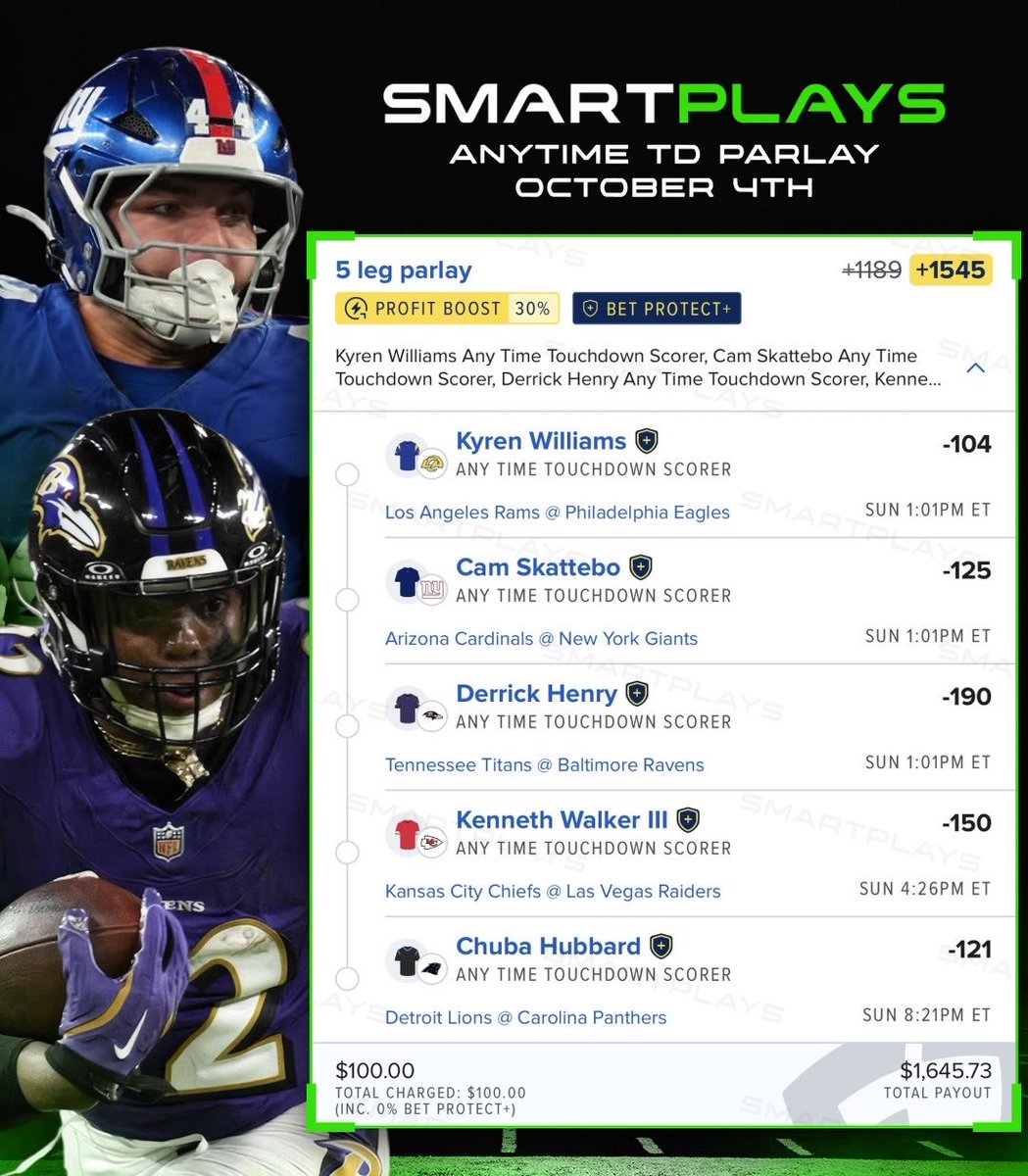 SmartPlaysDaily's tweet photo. My TOP Anytime TD Parlay for week 4… 🎁 https://t.co/yVLrat7y8v