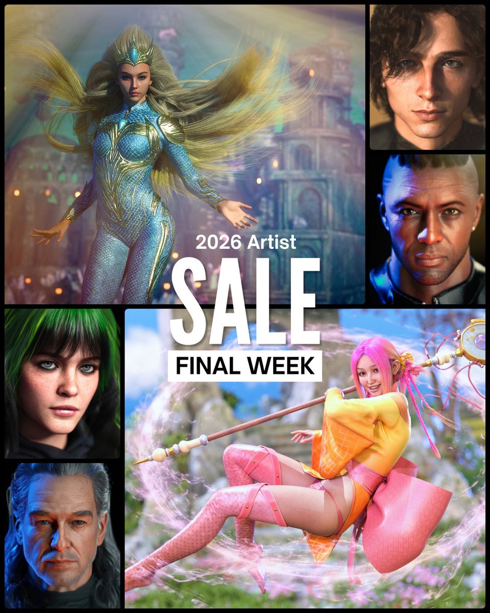 daz3d's tweet photo. Last call for the 2026 Artist Sale! Take advantage of some of the best savings all year, all from your favorite 3D artists. ✨️ https://t.co/cGDQSkhkEU