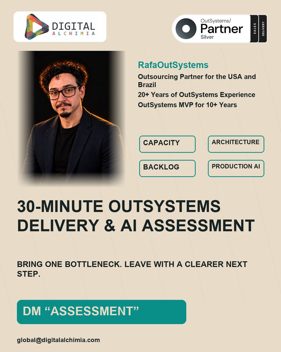 DAlchimia's tweet photo. 30-MINUTE OUTSYSTEMS DELIVERY & AI ASSESSMENT
Bring one bottleneck to a 30-minute assessment.
DM me ASSESSMENT.
#OutSystems #DigitalAlchimia https://t.co/ItpmpjVULK