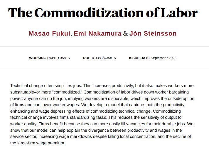 nberpubs's tweet photo. Technical change often simplifies work. This increases productivity, but it also makes workers more replicable or commoditized, and may therefore reduce wages, from Masao Fukui, @eminakamura2, and @JonSteinsson https://t.co/9c2c5U15pp https://t.co/zEg1PxVQpj