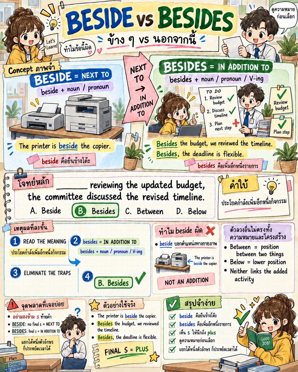 EngnowThailand's tweet photo. beside = ข้าง ๆ แต่ besides = นอกจากนี้ และตามด้วย noun, pronoun หรือ V-ing ได้ เห็น final s ให้นึกถึง plus #Engnow #TOEICGrammar https://t.co/PieECb4y6j