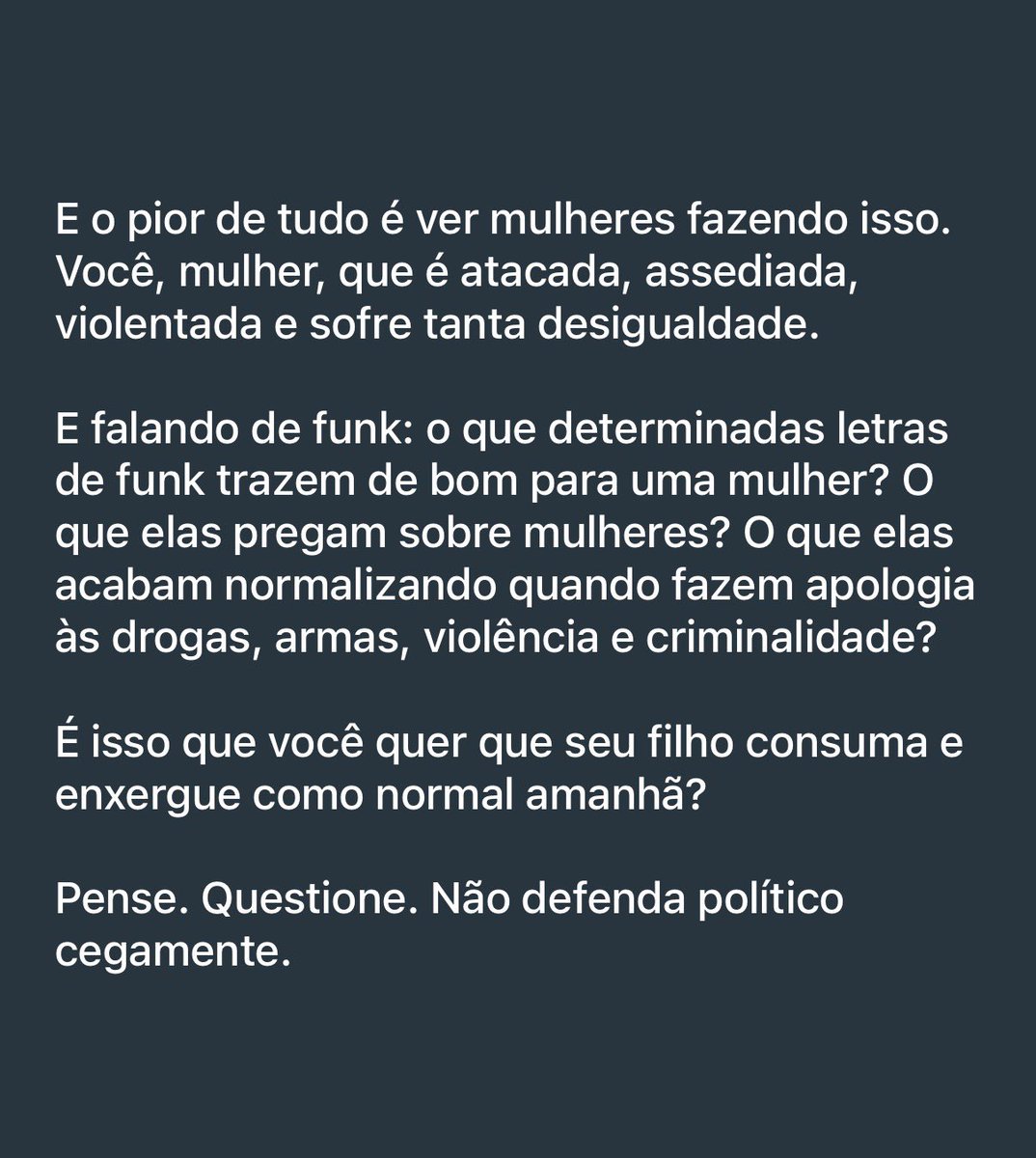 EmmaFoxVIP's tweet photo. Quando você for vítima de um assaltante, de um estuprador, agradeça ao PT.

Quando você estiver na fila do SUS aguardando atendimento e não conseguir atendimento ou tiver que esperar anos, agradeça ao PT.

Quando você não conseguir uma vaga na escola que você quer, agradeça ao PT.

Quando estiver com as coisas caras no mercado, agradeça ao PT, tá?

Porque a 20 anos a promessa do PT é melhorar isso. E ao mesmo tempo eles dão benefício pra bandido, pra criminoso. E foi o que aconteceu com o Maníaco do Escort Azul: um homem condenado a mais de 120 anos de prisão que, durante uma saída temporária, foi acusado de estuprar novamente uma adolescente, traumatizada pro resto da vida. E esse maníaco vagabundo vai continuar sendo sustentado com dinheiro público!

Amanhã pode ser a tua filha. Amanhã pode ser você, mulher que vota no PT.

E ontem, Maria Eduarda, uma jovem de apenas 24 anos, morreu durante uma tentativa de assalto. Uma jovem inocente, que estava simplesmente seguindo a vida dela, e acabou morta em meio à violência de um assalto. 

Amanhã pode ser a tua filha. Amanhã pode ser você.

Agradeça ao PT quando as coisas estiverem ruins.

Porque a promessa do PT é dar Bolsa Família, cerveja e picanha. Cerveja e picanha. Mas prometer melhoria na educação, agora ele não faz. Na saúde, ele não melhora. Imposto é cada vez mais imposto em cima de imposto.

A situação no Brasil tá cada vez pior, lojas se fechando cada vez mais, emprego reduzindo. É isso que tá acontecendo e é isso que é o objetivo da esquerda. E ninguém enxerga isso.

E pior: mulheres.

PT é contra benefício à mulher. É mulheres votando no PT, mulheres que a gente é atacada, assediada, estuprada, sofrendo tanta coisa, tanta desigualdade que a gente sofre, e o PT vai lá e favorece essa classe que maltrata as mulheres.