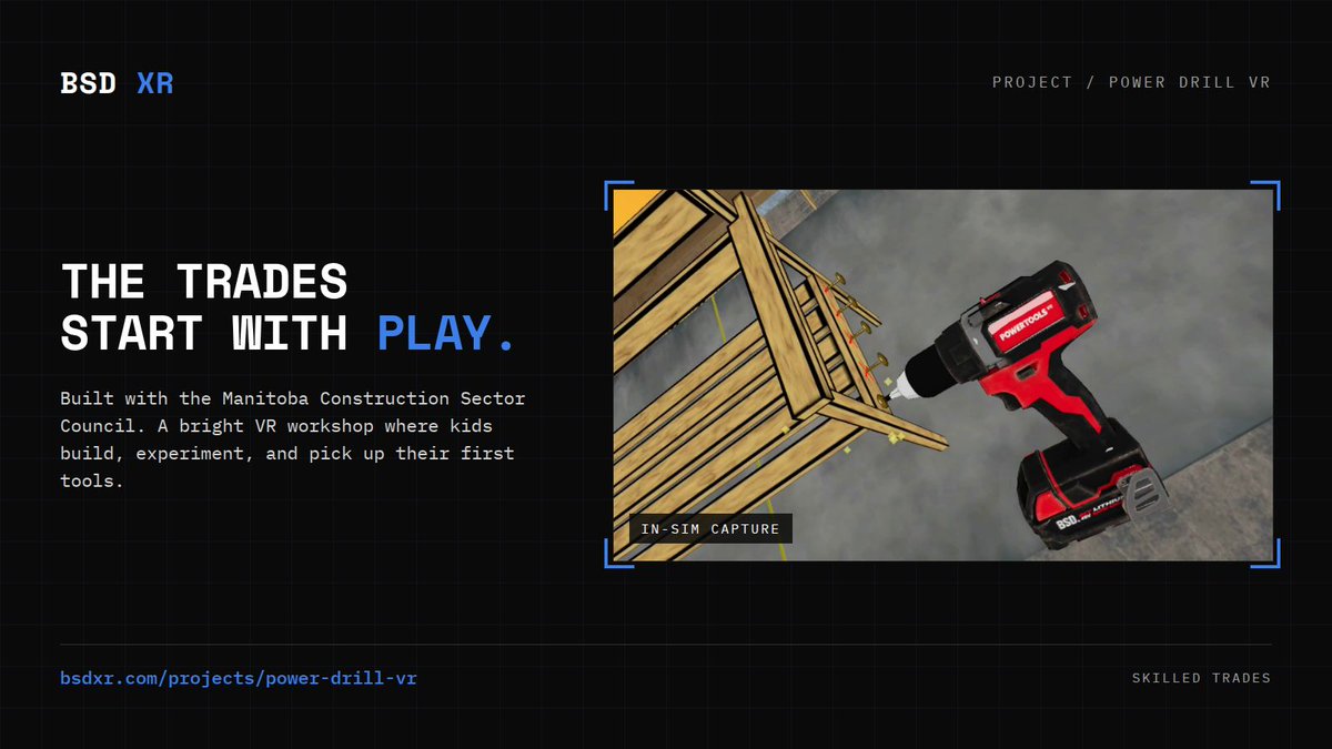 BitSpaceDevelop's tweet photo. The trades start with play. Power Drill VR, built with the Manitoba Construction Sector Council, turns basic carpentry into a VR playground for kids. https://t.co/I7ADjDDDmI #SkilledTrades #VR https://t.co/2y2HY5EzI4