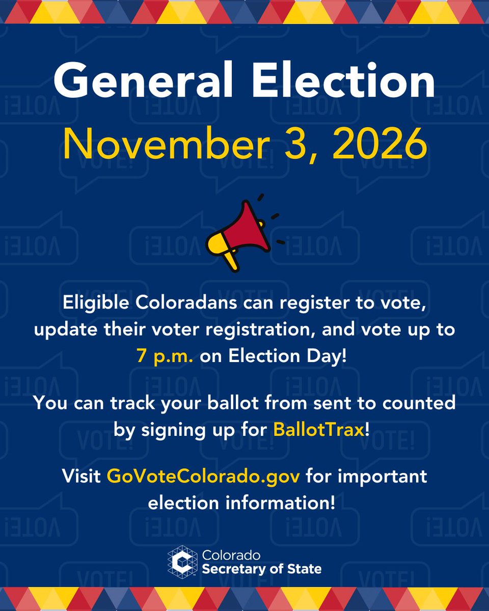 COSecofState's tweet photo. Colorado County Clerks are sending ballots for the 2026 General Election today through October 9. Did you know you can track your ballot? Sign up for BallotTrax at https://t.co/HNXNM7Ipuo! https://t.co/v7oAW0qqdE