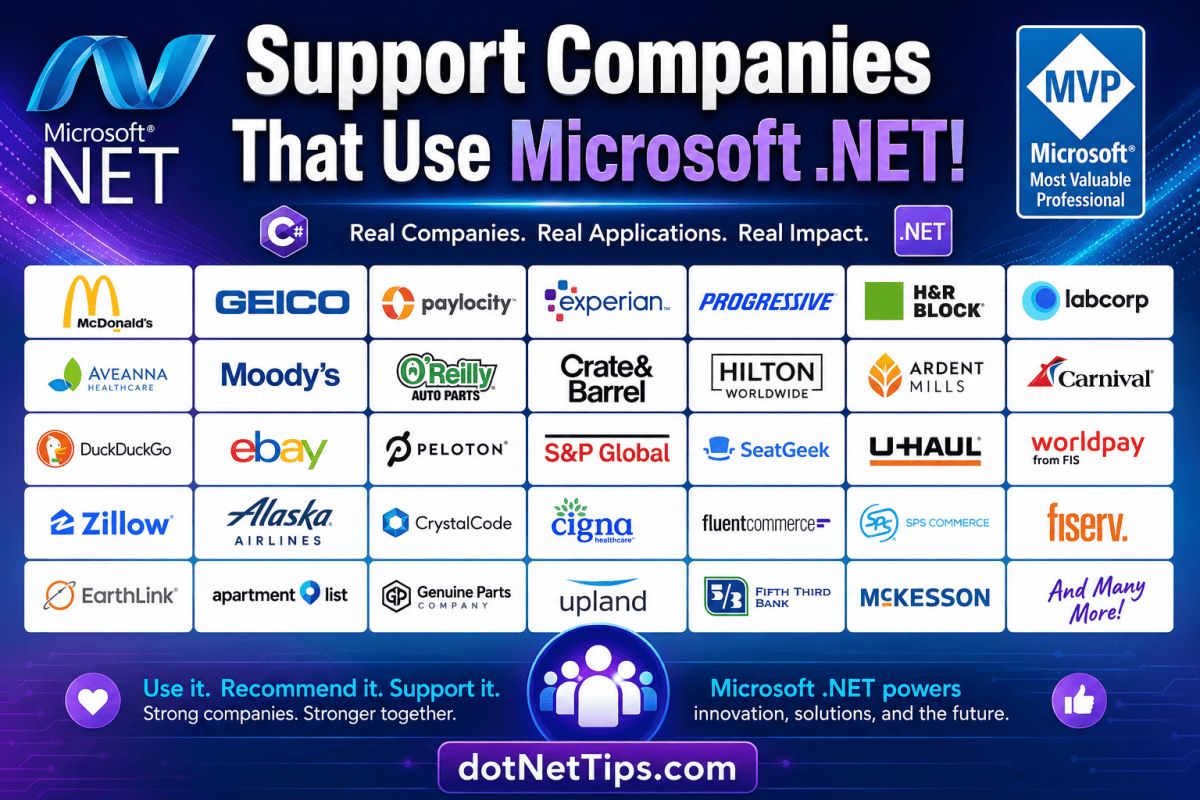 realDotNetDave's tweet photo. Let’s support companies that still use #Microsoft .NET and keep it thriving! Check out the list and join the conversation.
https://t.co/5AEcZsouge
#dotnet #MVPBuzz #ArdentMills #FirstAmerican #GEICO #McDonalds #OReillyAutoParts #Paylocity #Peloton #Zillow https://t.co/tE2aSXXNDA