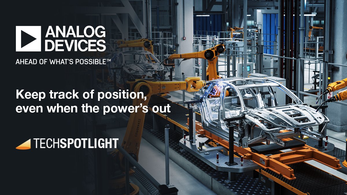 E14Community's tweet photo. If your production line lost power, how would you get the robotics moving again without rehoming sequences?  Analog Devices has solved this problem at the silicon level with the ADMT4000, a pioneer single-chip True Power-On (TPO) multiturn absolute position sensor! Read our latest #techSpotlight to fin out more! https://t.co/vW6c6hVy8s
