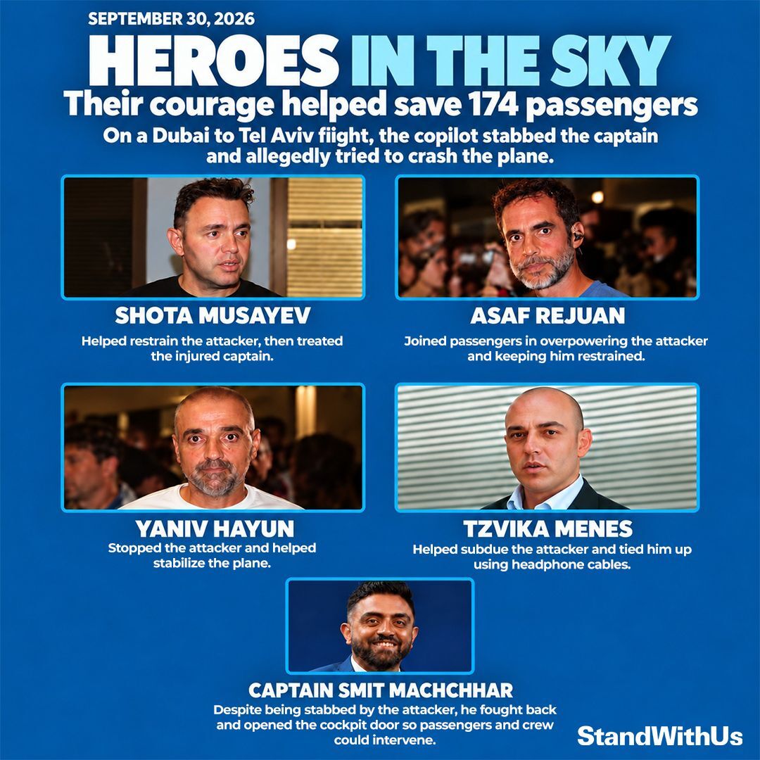 StandWithUs's tweet photo. On September 30, 2026, as a flydubai flight to Israel plunged toward disaster, Yaniv, Shota, Asaf, Tzvika, and Captain Smit showed extraordinary courage.

After Captain Smit was stabbed by the attacker, brave passengers and crew members helped overpower the assailant and pulled back on the aircraft’s controls until another pilot could take over.

In a moment of terror, their quick thinking and bravery helped save lives.

We salute them and everyone who stepped up when it mattered most. 💙