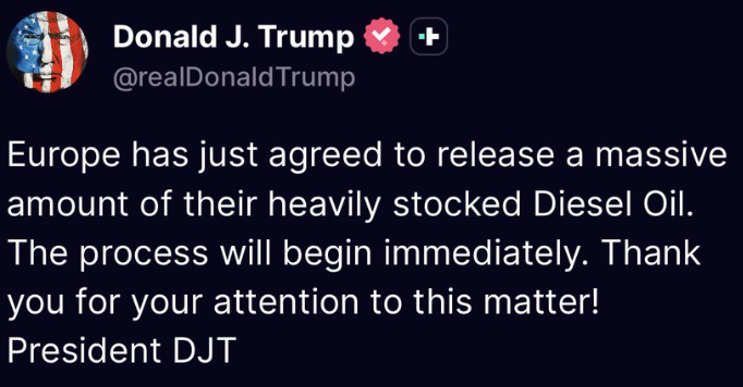unusual_whales's tweet photo. Trump just announced that Europe has agreed to release a massive amount of diesel oil.

Diesel last week hit all time highs in the USA.

In California, numerous stations hit above $10. https://t.co/1lPIHCcnY5