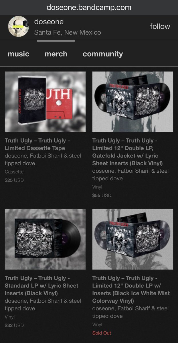 doseone's tweet photo. BANDCAMP FRIDAY
TRUTH UGLY MERCH
Is going fast…

doseone
@fatboyprospect 
@steeltippeddove 

@fusedarrow 
HANDSMADE 

https://t.co/lAULW5teOb https://t.co/B9GDw8CFsg