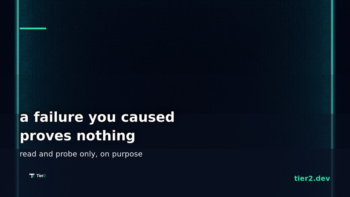 tier2_dev's tweet photo. design decision: some bugs would repro faster if the agent could write to customer systems. it can't. read and probe only. a failure you caused yourself proves you can break things. it doesn't prove the bug was already there. https://t.co/xLzrNd9uZ7