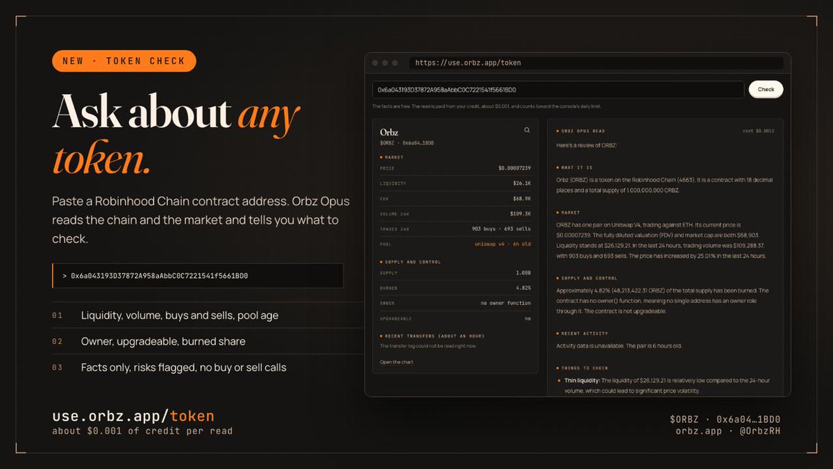 OrbzRH's tweet photo. Paste any Robinhood Chain contract address. Orbz Opus reads what the chain and the market say about it: liquidity, volume, buys against sells, how old the pool is, whether someone still owns the contract, whether it can be upgraded, how much is burned. Then it tells you what to check.

Facts only. Anything it could not read, it says so. It never tells you to buy or sell.

About $0.001 of your $ORBZ credit per read: https://t.co/6WVr0stoaz
