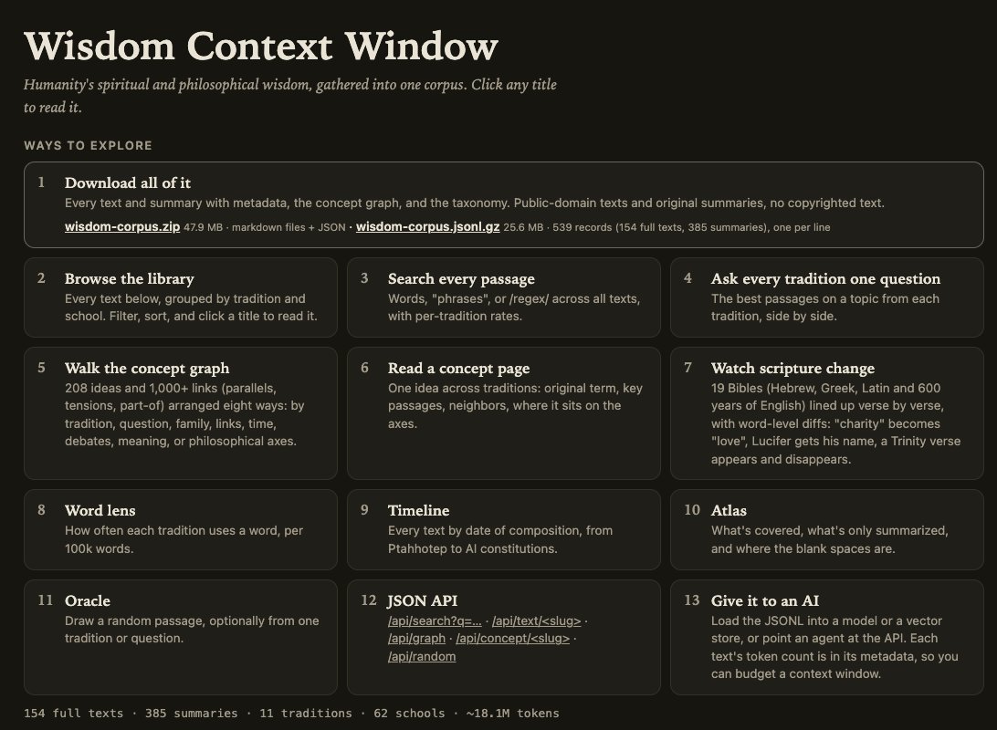 owocki's tweet photo. I put the world's wisdom traditions into one LLM-ready corpus.

Lao Tzu, Marcus Aurelius, Rumi, Jesus, the Buddha, Eckhart: 539 texts, 18M tokens, all public domain.

Feed it to your AI. 🧘 https://t.co/BFre3fenWK