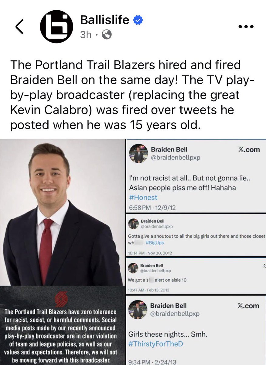 choeshow's tweet photo. The woke Portland Trail Blazers fired their new play-by-play announcer over social media posts he made as a 15 year old. 
Meanwhile the Blazers signed Ja Morant who’s been severely disciplined by the NBA for waving  pistols in strip clubs. 
Make it make sense.@trailblazers https://t.co/UdQoMv0LLr