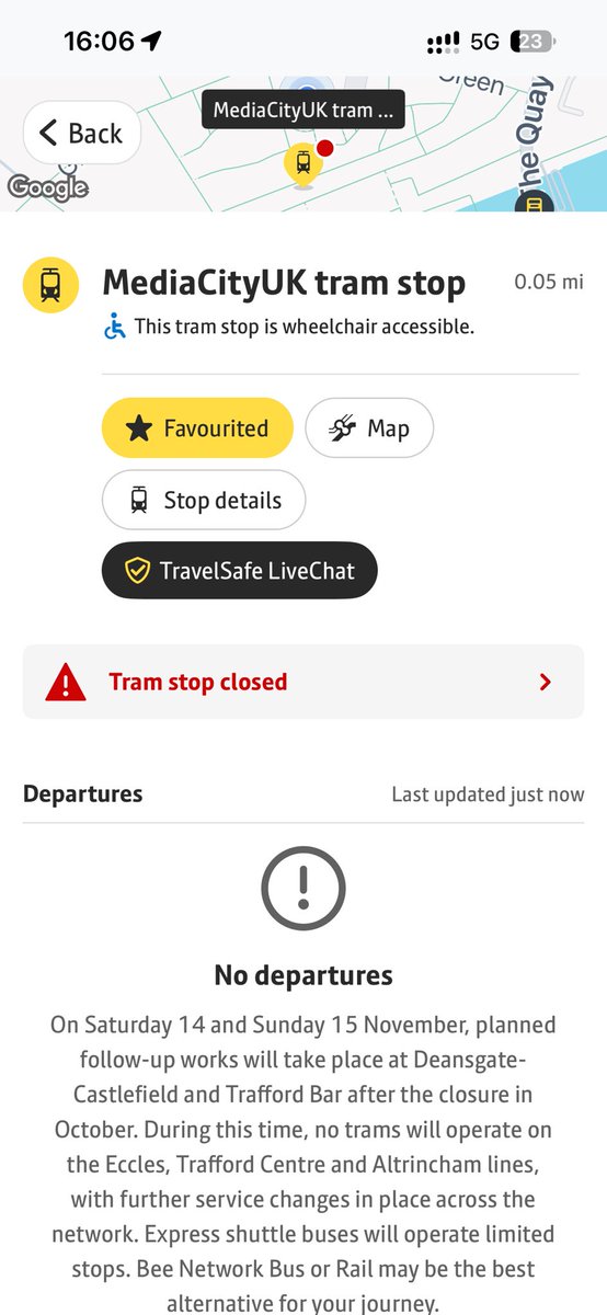 MetroBaseUK's tweet photo. @BeeNetwork your apps thinks MCUK tram stop is closed https://t.co/rIHGXTDBrj