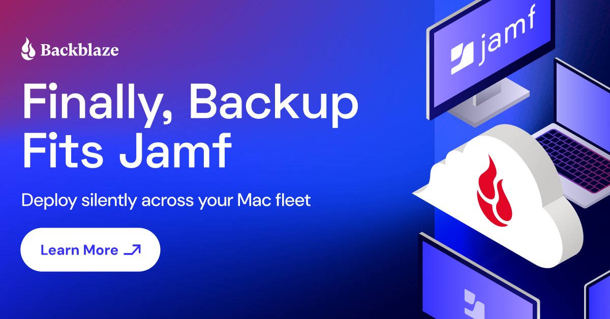 backblaze's tweet photo. Backblaze builds on its Jamf integration with more flexible Mac backup onboarding. Match devices using known user data or dynamic user detection, while keeping existing Jamf policies and scripts. https://t.co/E33sQEyhNk