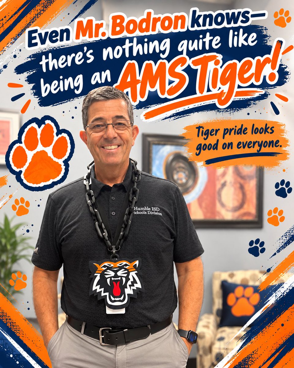 HumbleISD_AMS's tweet photo. Even Mr. Bodron knows there’s nothing quite like being an AMS Tiger! 🐯🧡💙 Tiger pride looks good on everyone! 🐾

#AMSTigers #TigerPride #HumbleISD #DynamicByDesign https://t.co/VumzDpSrXh