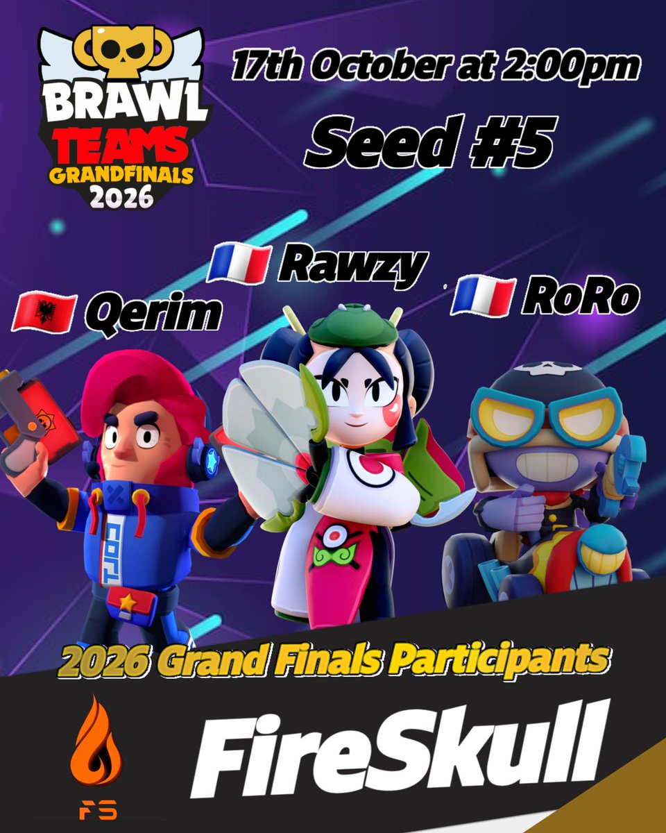 Brawl_teams's tweet photo. For our seed #5 of the grand final 2026, we find @fireskull_eteam (old UND) ! Still here from the shadow 👤

🇨🇵 @Rawzy_bs
🇨🇵 @xRoiRoRo
🇦🇱 @QeRimwy 
Analyst: 🇨🇵 @username052062 https://t.co/d4c0kklQvn