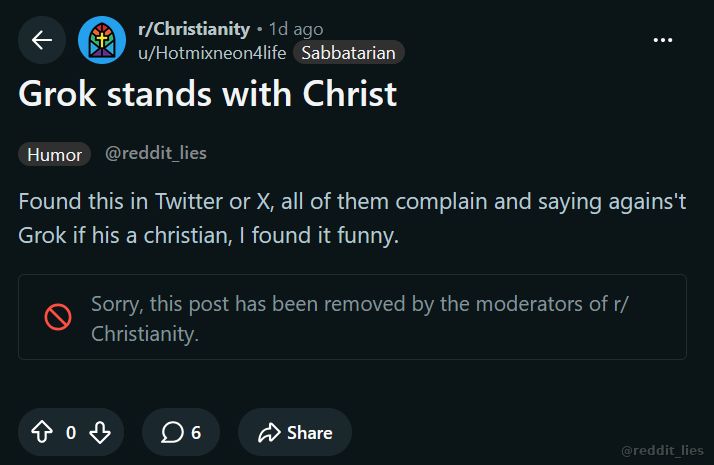 reddit_lies's tweet photo. The Reddit mods of r/Christianity don't want you to know that Grok stands with Christ. https://t.co/dfutV9d2Zf