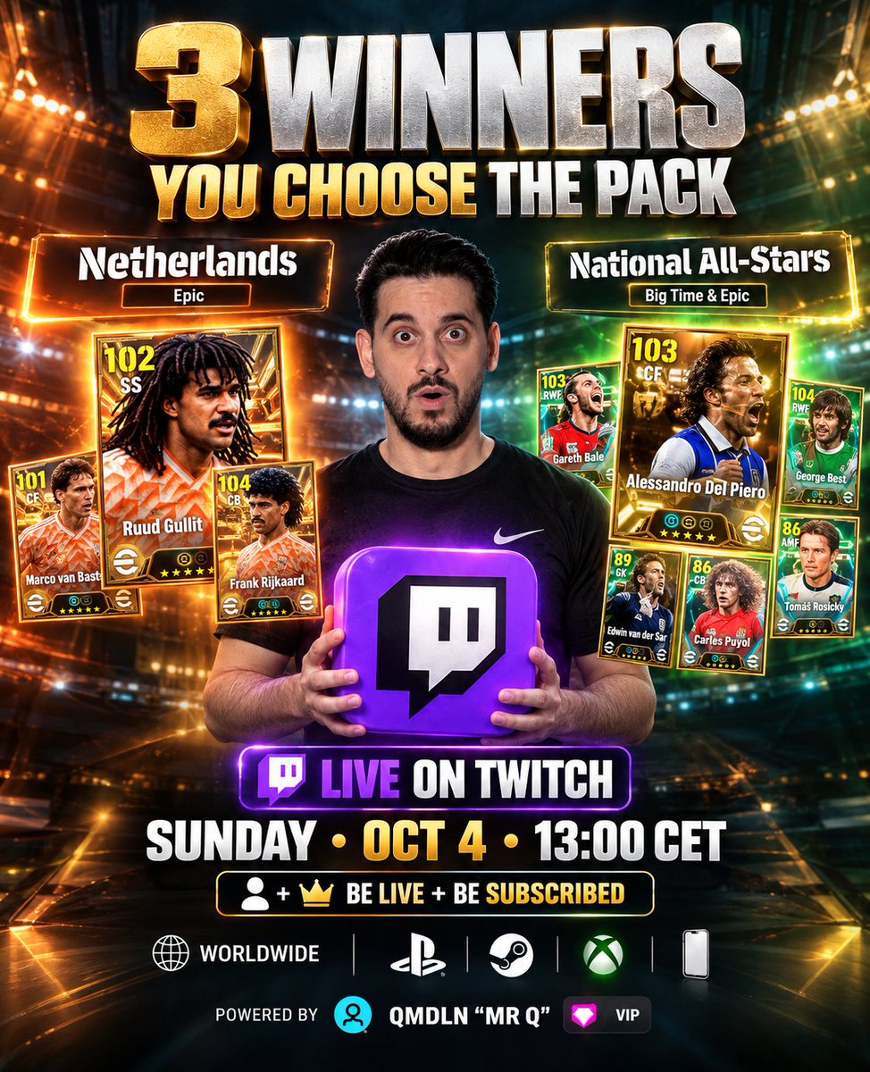mednasah_'s tweet photo. 🎁 3 WINNERS. YOU CHOOSE THE PACK.

3 Winners. 3 Pack Openings. You choose the pack. 🔥

🟣 Be LIVE + subscribed on Twitch
🕐 Sunday - 13:00 CET
🌍 Worldwide + ALL Platforms
💎 Powered by our VIP QMDLN "Mr Q"

See you there!
💜https://t.co/j0tqO7Lf2F https://t.co/7d7famxnmw