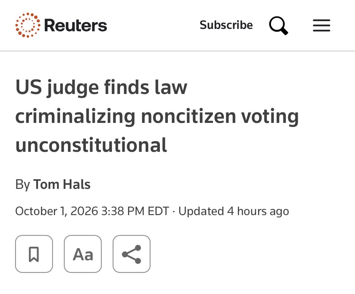 SenMikeLee's tweet photo. This insane ruling will certainly be overturned. 

But it gives the game away: Democrats pretend we don’t need the SAVE Act because non-citizen voting is already illegal… while activist judges try to destroy laws banning non-citizens from voting! https://t.co/7BJB0MGeGb