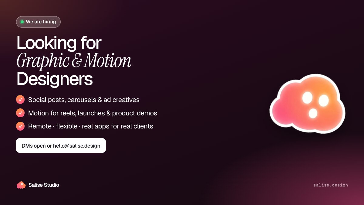 salisestudio's tweet photo. We're hiring ☁️

Looking for Graphic & Motion Designers to join Salise Studio:
→ social posts, carousels & ad creatives
→ motion for reels, launches & product demos
→ remote, flexible, real apps for real clients

Send your portfolio via DM or apply@salise.design
RT to help us find them 🙏