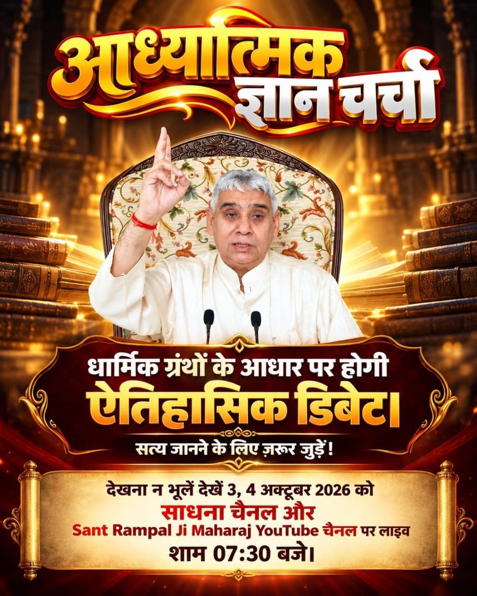 munni_sahu's tweet photo. #1DayToGoForHistoricDebate

आध्यात्मिक ज्ञान चर्चा🙏

धार्मिक ग्रंथो के आधार पर होगी ऐतिहासिक डिबेट देखना न भूलें देखें 3, 4 अक्टूबर 2026 को साधना चैनल और Sant Rampal Ji Maharaj YouTube चैनल पर लाइव शाम 07:30 बजे। https://t.co/68RQNQUQnB