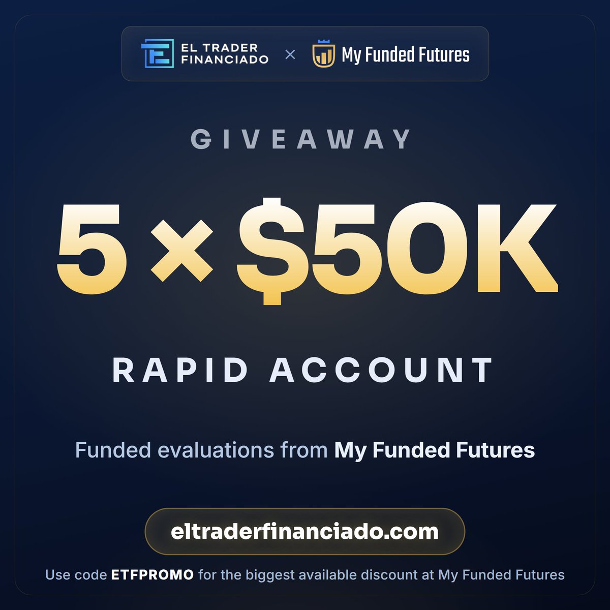 ElTraderFinan's tweet photo. SORTEO: 5 cuentas 50K Rapid de @MyFundedFutures

Cómo participar:
1️⃣ Sigue a @ElTraderFinan
2️⃣ RT + ❤️ Like
3️⃣ Menciona a un amigo trader
4️⃣ Apúntate en la web 👇 https://t.co/4nQ1yPYPb3
   · Crea tu cuenta o inicia sesión
   · Vincula tu cuenta de X (con el botón, no escribiendo tu @)
   · Pon tu país y un nombre o seudónimo
   · Pulsa «Participar»

🗓️ Cierra el viernes 9 de octubre a las 13:00 CT.

💸 Usa el código ETFPROMO para el mayor descuento disponible en My Funded Futures.